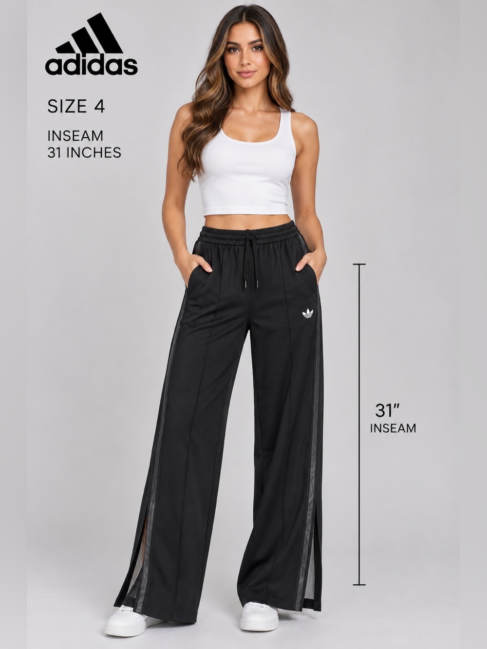 Adidas Women's Black Wide-Leg Track Pants with Sheer Side Panels - Size 4